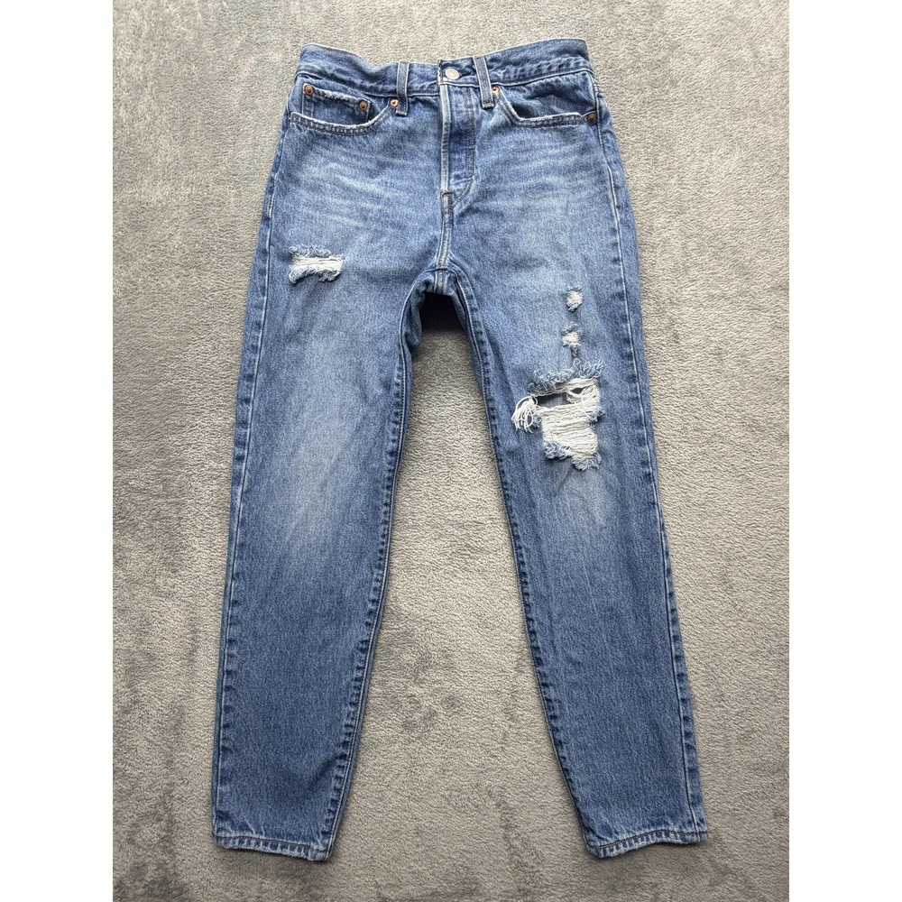 Levis Premium Wedgie Jeans Womens Measured 28x27 Blue High Rise Distressed